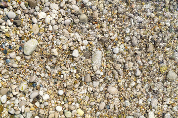 Colorful pebbles on a beach with clean water. Abstract background.