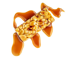 Nut bars with caramel sauce isolated on white background. Heap of Granola energy cereal bars  top...