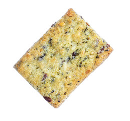 Salted crispy crackers with sesame, rosemary  and sunflower seeds isolated on white background. Top view.