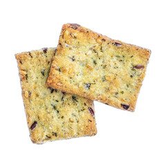 Salted crispy crackers with sesame, rosemary  and sunflower seeds isolated on white background. Top view.