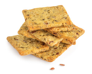 Cereal crackers isolated on white background.  Crispy breads with sesame and flax seeds,  close up