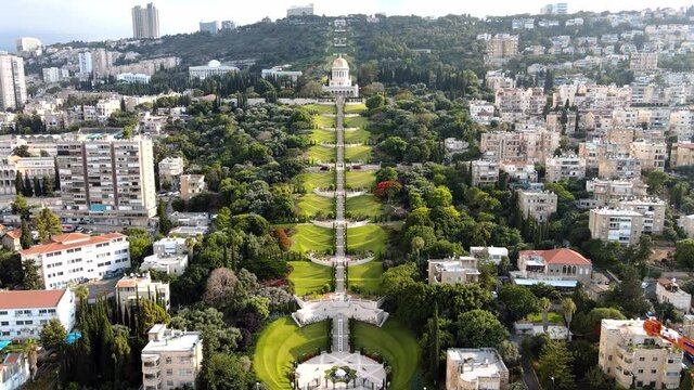 Aerial view of Bahai Garden and Bahai Temple in Haifa, Israel