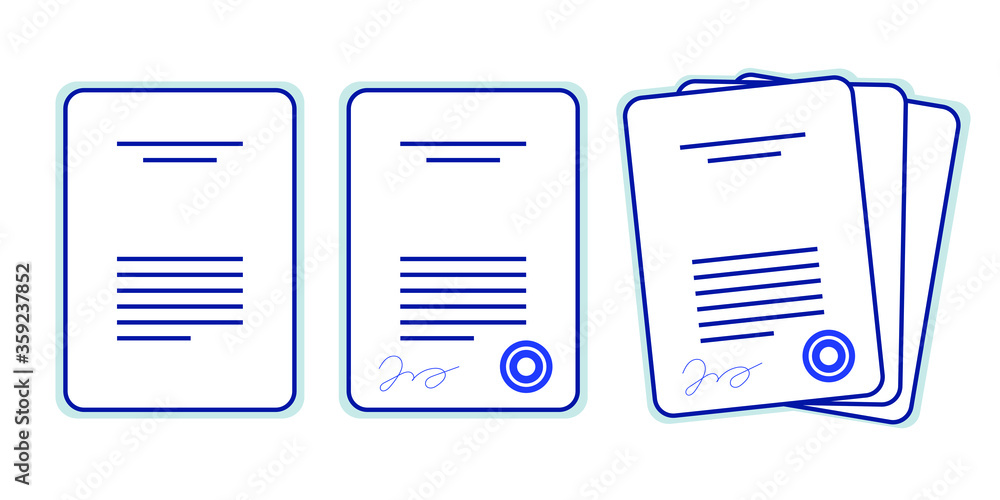 Poster set of stock contract papers document folder with stamp and text stack of agreements document with s