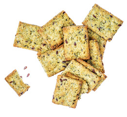 Cereal crackers isolated on white background.  Crispy breads with sesame and flax seeds,  macro top...