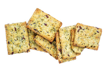 Cereal crackers isolated on white background.  Crispy  cracker heap  with sesame and flax seeds, top view