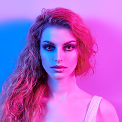 Obraz premium High Fashion. Woman in colorful neon light, make-up. Sexy girl, stylish wet hair, trendy makeup. Party disco neon style. Creative art beauty portrait, fashionable model face, bright make up
