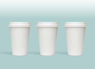 White blank medium size takeaway paper, carton or cardboard coffee cups with white caps packaging template mockup isolated on light green background  