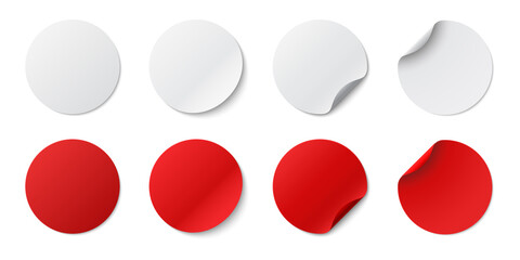 Set circle adhesive symbols. White tags, paper round stickers with peeling corner and shadow, isolated rounded plastic mockup,  realistic red round paper adhesive sticker mockup with curved corner - obrazy, fototapety, plakaty
