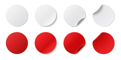 Foto op Canvas Set circle adhesive symbols. White tags, paper round stickers with peeling corner and shadow, isolated rounded plastic mockup,  realistic red round paper adhesive sticker mockup with curved corner © dlyastokiv