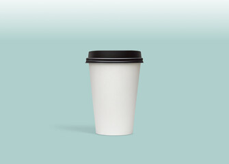 White blank medium size takeaway paper, carton or cardboard coffee cup with black cap packaging template mockup isolated on light green background  