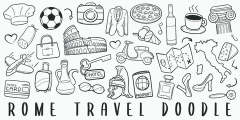 Rome Italy Travel Doodle Line Art Illustration. Hand Drawn Vector Clip Art. Banner Set Logos.