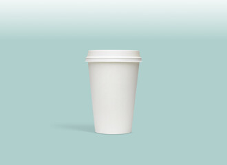 White blank medium size takeaway paper, carton or cardboard coffee cup with white cap packaging template mockup isolated on light green background including clipping path. 