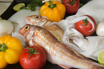 Atlantic fish and cuttlefish on a tray