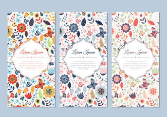 Cute vintage doodle floral cards set for invitation, label, banner, wedding, party, baby shower, hen-party, mother's day, valentine. Beautiful background with gentle flowers and leaves. Vector