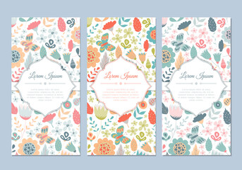 Cute vintage doodle floral cards set for invitation, label, banner, wedding, party, baby shower, hen-party, mother's day, valentine. Beautiful background with gentle flowers and leaves. Vector