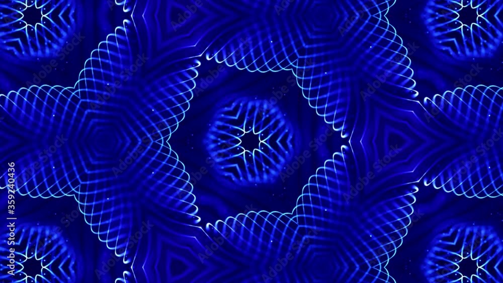 Poster kaleidoscopic abstract theme. 4k looped sci-fi 3d background with glow blue particles form lines, su