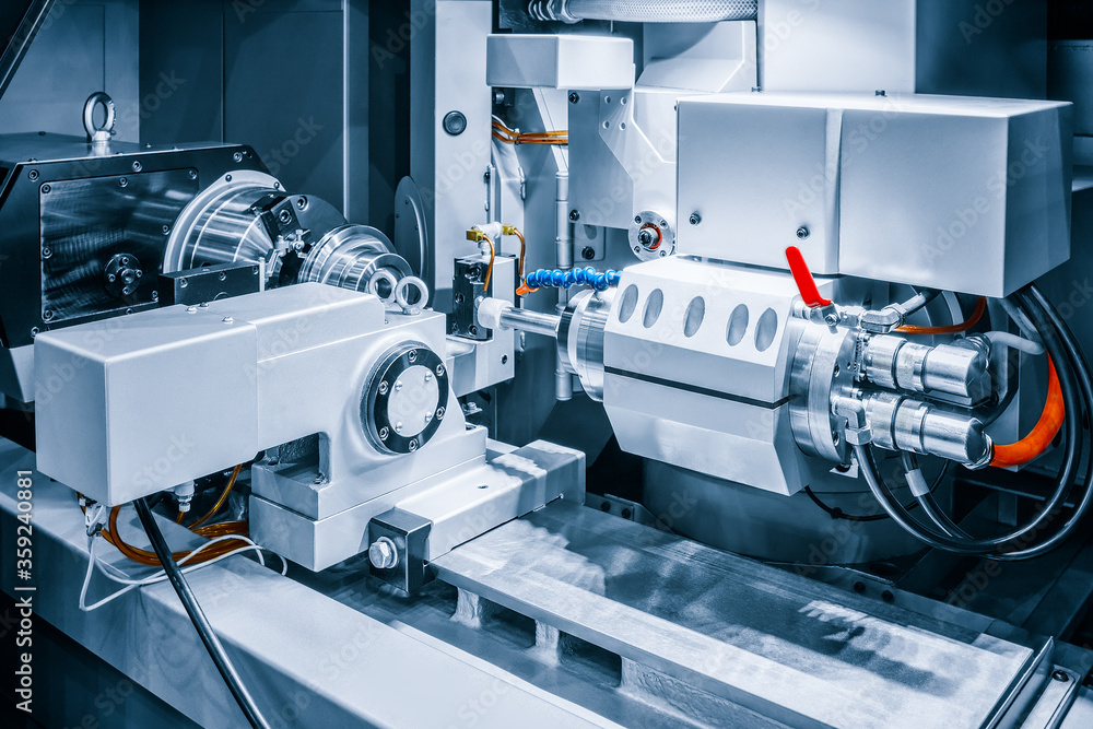Poster cnc lathe machine or turning machine chucking the steel cone shape rod. hi technology manufacturing 