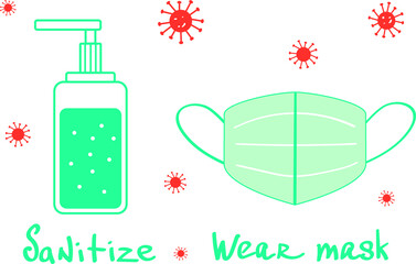 Virus protection and social distance concept. Coronavirus covid-19 typography. Wash hands and wear medicine mask design. Vector illustration. 