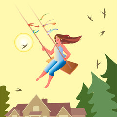 A girl on a swing soars into the sky, enjoying the flight. Vector illustration for a poster of the cover.