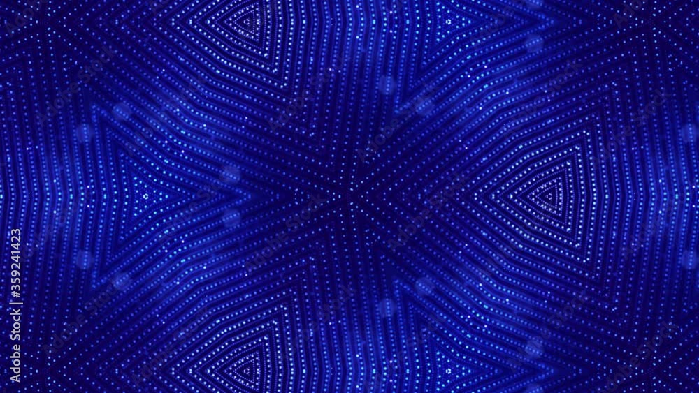 Poster kaleidoscopic abstract theme. 4k looped sci-fi 3d background with glow blue particles form lines, su
