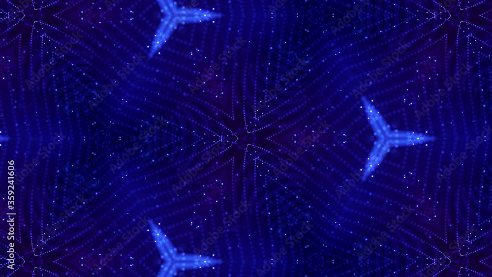 Poster kaleidoscopic abstract theme. 4k looped sci-fi 3d background with glow blue particles form lines, su