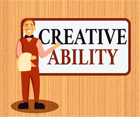 Word writing text Creative Ability. Business photo showcasing power to act freely to show themselves without limitation Male Waiter Smiling Standing in Uniform Hand Presenting Blank Menu Board