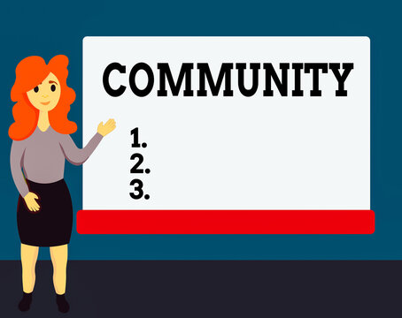 Handwriting text Community. Conceptual photo group of showing with a common characteristics living together Female Hu analysis Standing Hand Presenting Rectangular Blank Whiteboard
