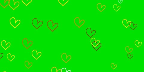 Light Green, Yellow vector background with Shining hearts.