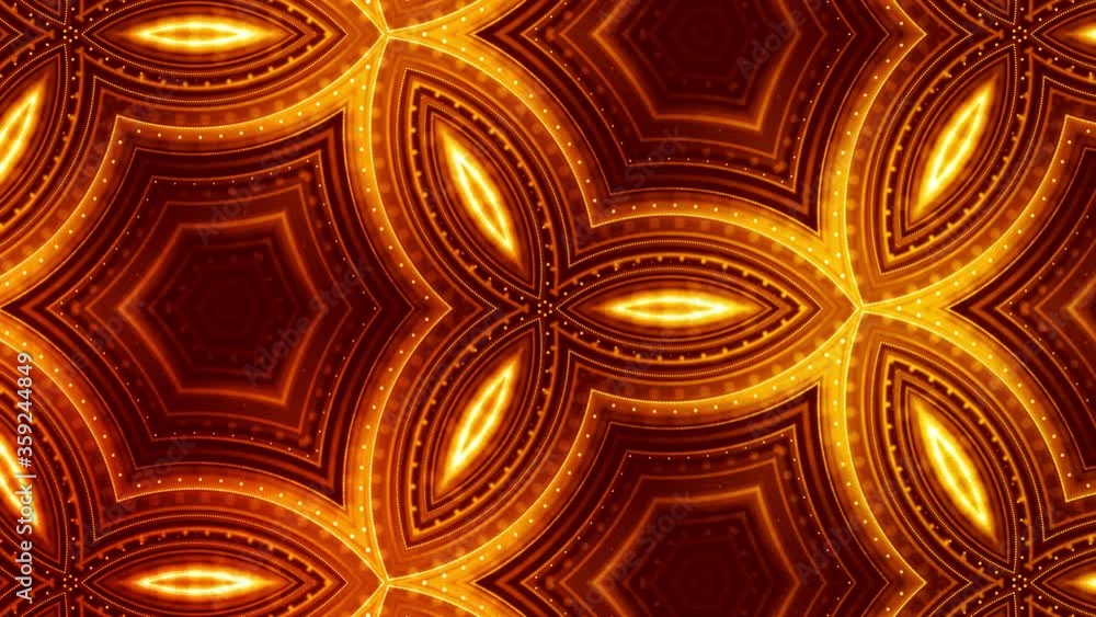 Poster 3d 4k particles kaleidoscopic abstract background. smooth looped animation of sci-fi theme. gold lux