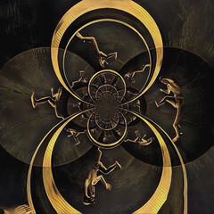 Abstract painting. Mirrored round fractal with figure of running man