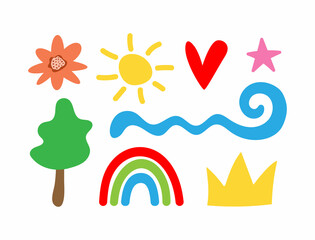 Fototapeta na wymiar Set of different isolated elements. Flower, sun, heart, star, tree, wave, rainbow, crown. Vector illustration.