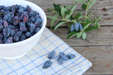 Honeysuckle berries in a vase on the table, honeysuckle, healthy berry, proper nutrition, jam, vegetarianism, ripe berry, sweet berry, blue berry.

