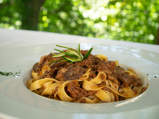 Traditional Italian food. A plate of tagliatelle with meat ragù. Green forest in the background. White ragu.