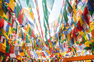 Colorful Buddhist prayer flags at Tiger Hill in Darjeeling, India