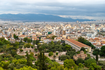Fototapeta na wymiar Stoa of Attalos City of Athens, Greece view from sky, Bird Eye view, drone shot