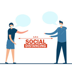 Young couple use social distancing to communicate with bubble text and wearing mask. Concept of new normal. Flat cartoon character design for landing page, web mobile and banner
