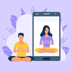 Online yoga concept with mobile. Screen with girl in yoga lotus practices meditation. Vector illustration in flat style