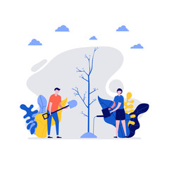 Volunteers at work. Happy young couple, man and woman planting and watering tree together. Concept of volunteering and charity social. Flat cartoon character design for web landing page, banner