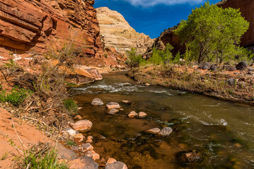 A stream flows through the countryside near to Hickman Bridge arch in Capital Reef national park