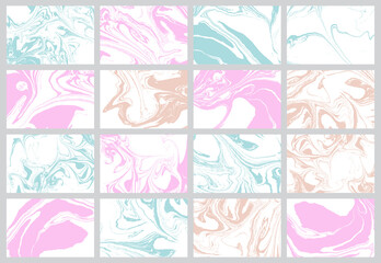 Fototapeta na wymiar Set of abstract backgrounds. Ink marbling textures. Hand drawn marble illustrations, ebru aqua paper and silk prints. Traditional Turkish ebru technique. Painting on water.