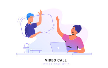Video call conversation or chat. Concept vector illustration of young woman sitting at workdesk and talking to her friend via video call app using laptop. Online communication technology white banner