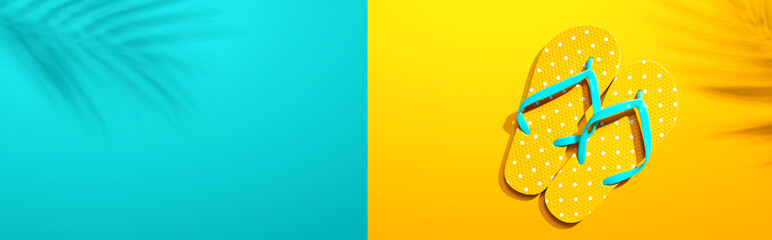 Flip flops with palm leaf shadow - flat lay