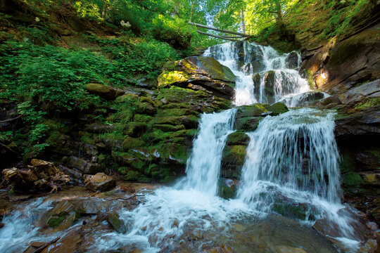 Carpathian waterfall Shypot in the morning. beautiful nature scenery. popular tourist attraction