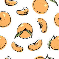 Mandarine seamless pattern in sketchy style on white background. Colorful pencil line sketch of fruits and berries. Hand drawn vector illustration