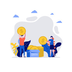 Volunteers at work. Happy young couple, man and woman donating coins together. Concept of volunteering and charity social. Flat cartoon character design for web landing page, banner