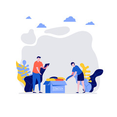 Volunteers at work. Happy young couple, man and woman donating clothes together. Concept of volunteering and charity social. Flat cartoon character design for web landing page, banner