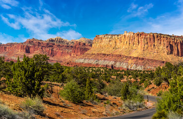 Highway 24 winding past the multi-coloured rack strata of Capital Reef national park
