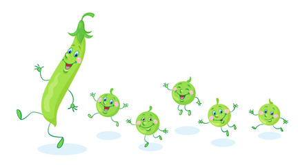 A funny pea pod and cute peas. In cartoon style. Isolated on white background. Vector flat illustration.