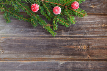 New year flat lay: Christmas green spruce branch of new year tree with red sugar snow apples on a rustic wooden background