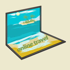 World with Virtual Traveling From Home - laptop on screen seascape, island, palm trees - vector. Application interface for visual service.